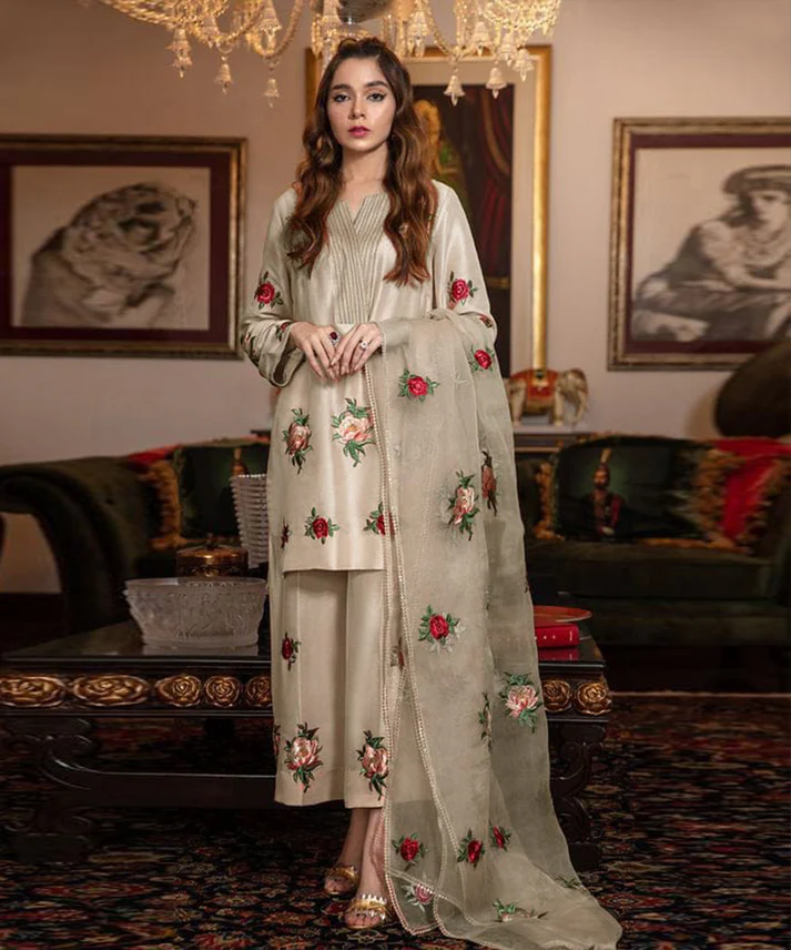 444 Silk 3PC Embroidered With Organza Embroidered Dupatta-28 - Image 1