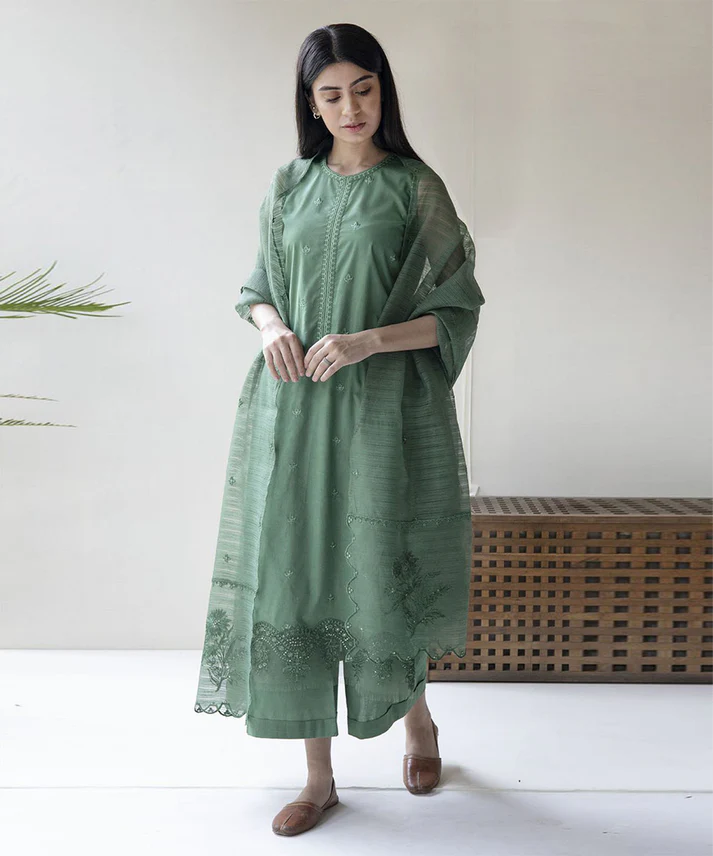 6 Dhanak-3PC Embroidered Shirt With Organza Embroidered Dupatta- 64 - Image 1