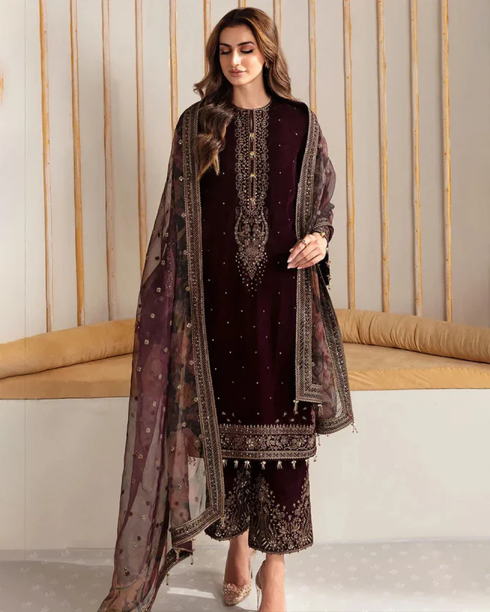 9_5e7b571f-375f-48ad-8cd9-2942e2a3264a Velvet-3pc Embroidered with Organza Embroidered Dupatta-121 - Image 1
