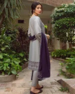 Linen 3PC Embroidered Shirt with Chiffon Embroidered Dupatta - 32 - Image 2