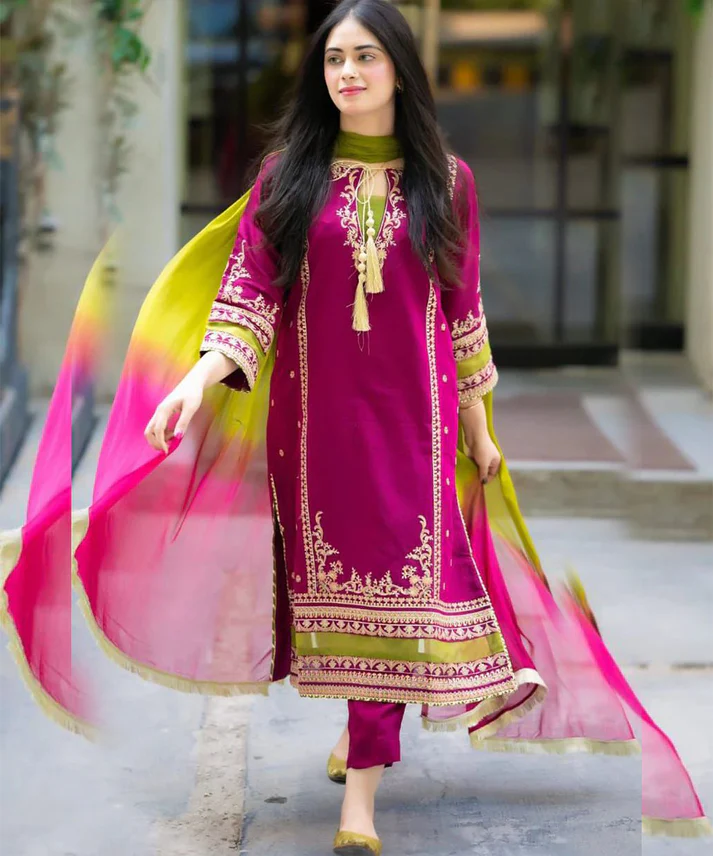 Untitled-3 Omal By Komal Linen 3PC Embroidered With Chiffon Dye N Dye Dupatta-1311 - Image 1