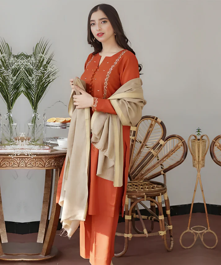 a1 Dhanak 3PC Embroidered With Wool Shawl-47 - Image 1